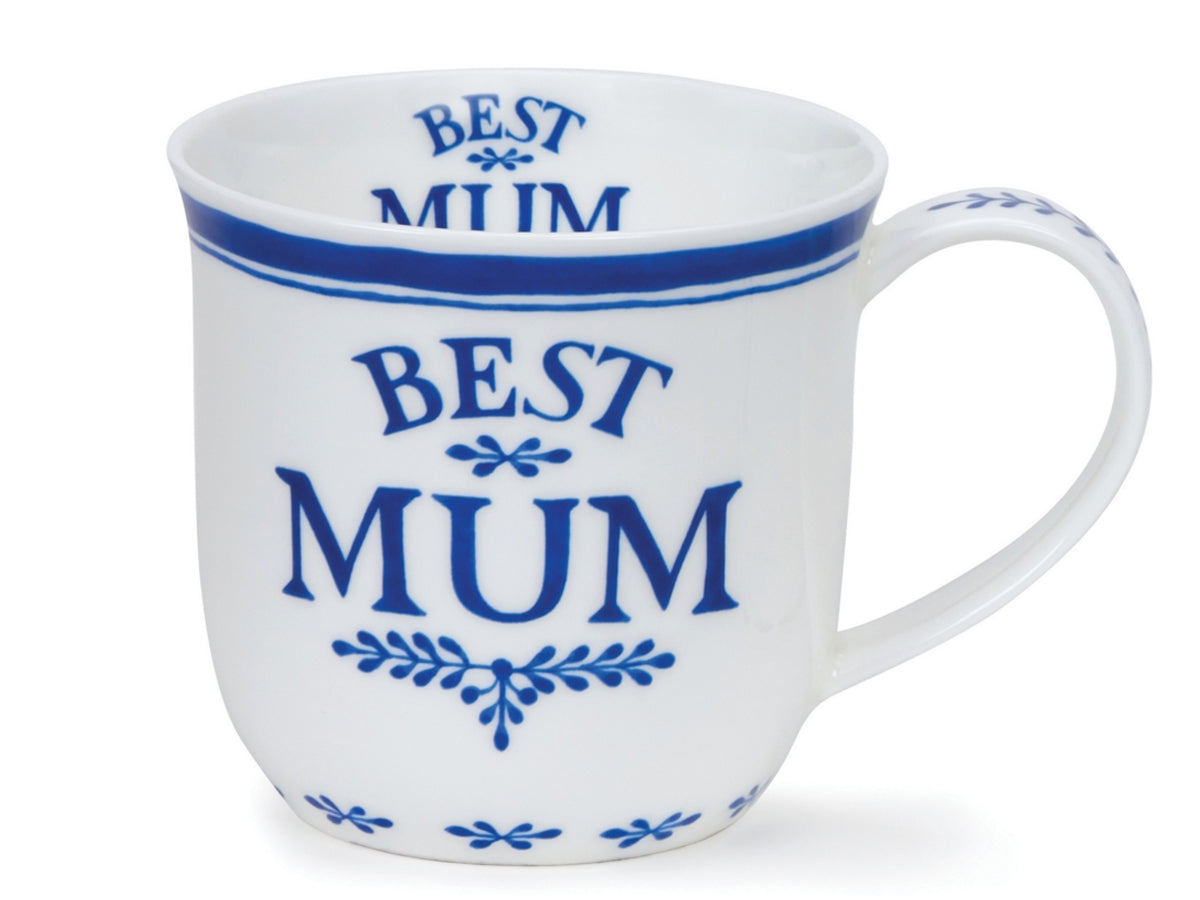 Dunoon Cumbrae Best Mum fine bone china mug in white with blue lettering and decorative border