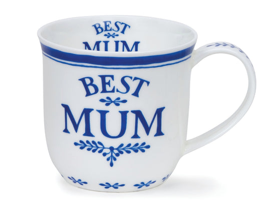 Dunoon Cumbrae Best Mum fine bone china mug in white with blue lettering and decorative border