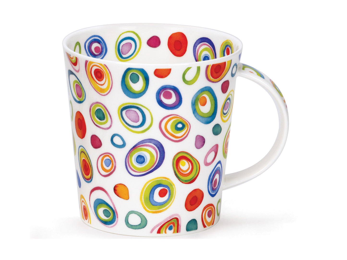 This Dunoon Cairngorm Razzmatazz Mug is made of a fine bone china and is larger in size. It has been designed with oval and ring-shaped masses in multicolours, making it vibrant and cheerful, and this is against a white background.