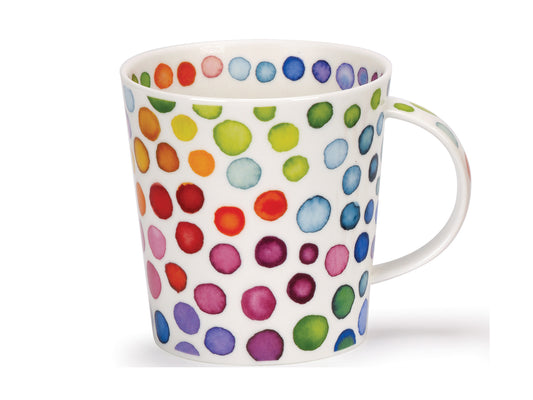 This Dunoon Cairngorm Hot Spots mug is made of a fine bone china and has been printed with multicolour blotches in a watercolour style. The spots are also printed along its handle and around the inner rim, and the mug is large in size and ideal for big cups of tea or coffee.