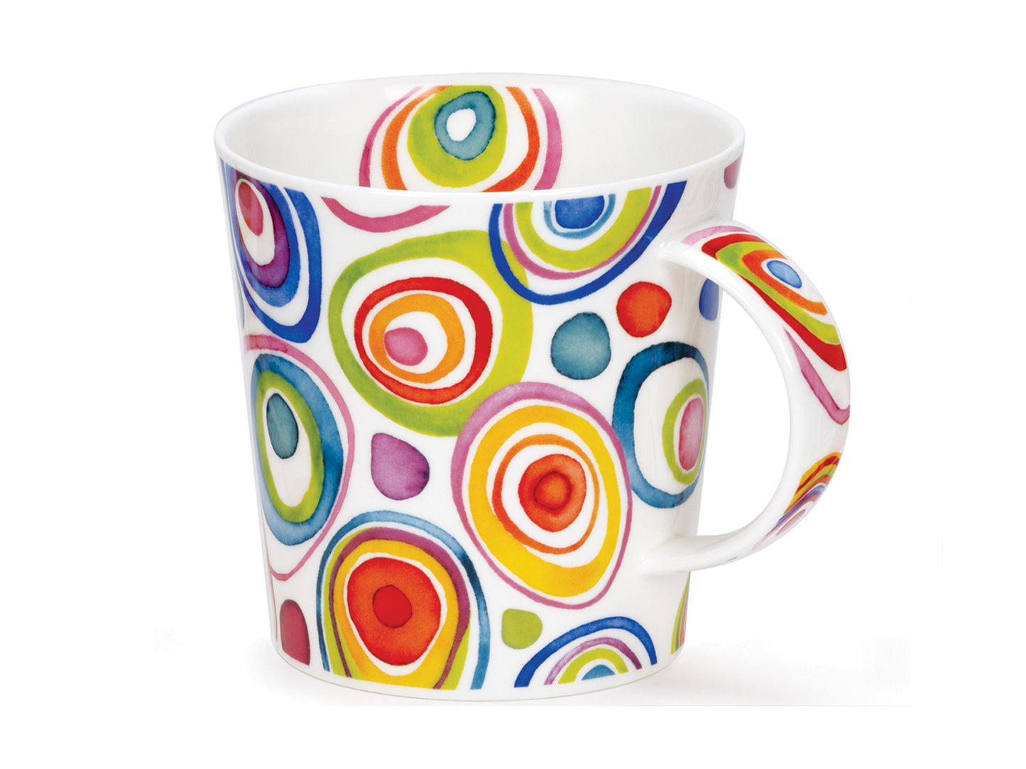 This Dunoon Cairngorm Zoobidoo Mug is crafted of a fine bone china and has a multicolour psychedelic pattern of circles within circles all around its exterior and along its handle. This same pattern can be found printed opposite itself around the inner rim of the mug as well. It is slightly larger and would hold bigger cups of tea or coffee.