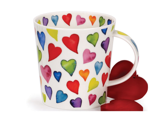 Dunoon Cairngorm Warm Hearts Mug is a large fine bone china mug that is printed with multi-coloured hearts all around its exterior in all different sizes, as well as having colourful heart patterns around the inner rim of the mug and down its handle.