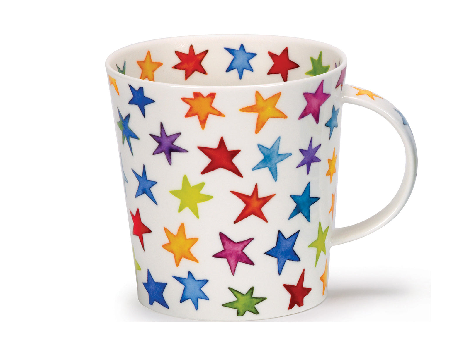 This Dunoon Cairngorm Starburst Mug is made from fine bone china and has been decorated with multicoloured stars in varying sizes all around its exterior. There are stars printed along the handle and around the inner rim of the mug. It is slightly larger in size and would be good for big cups of tea or coffee.