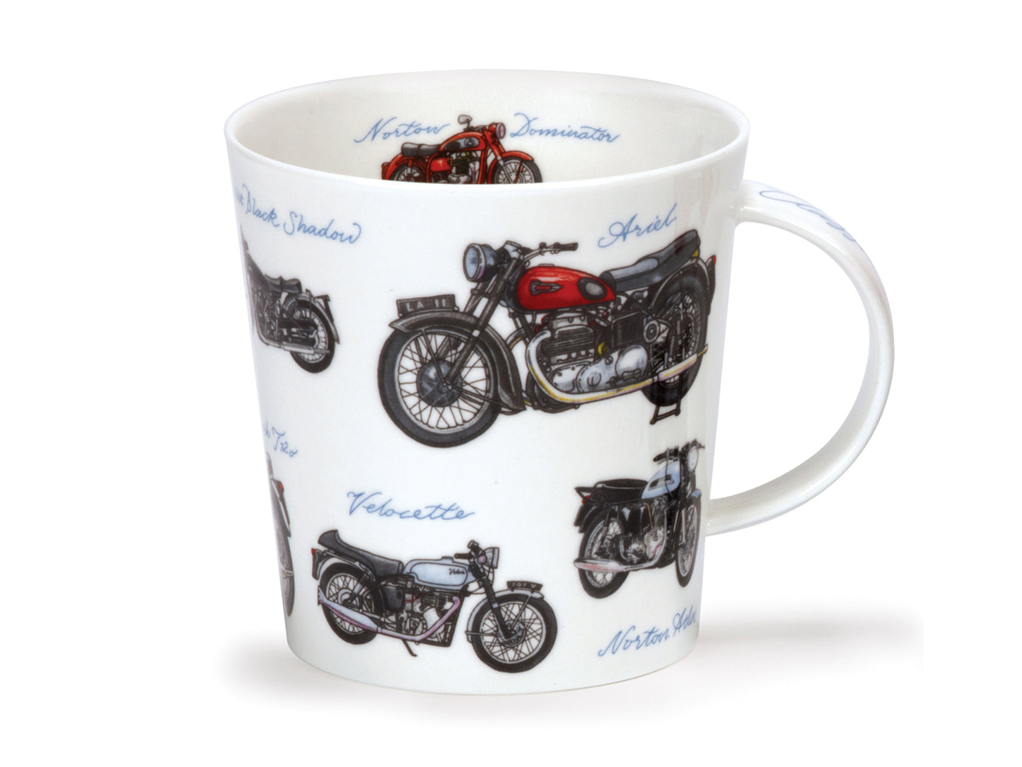 This Dunoon Cairngorm Classic Collection Motorbikes mug is made of a fine bone china and is printed with varying designs of retro motorbikes around its exterior, along with their appropriate labels. There are also two labelled motorcycles printed opposite one another around the inner rim of the mug.
