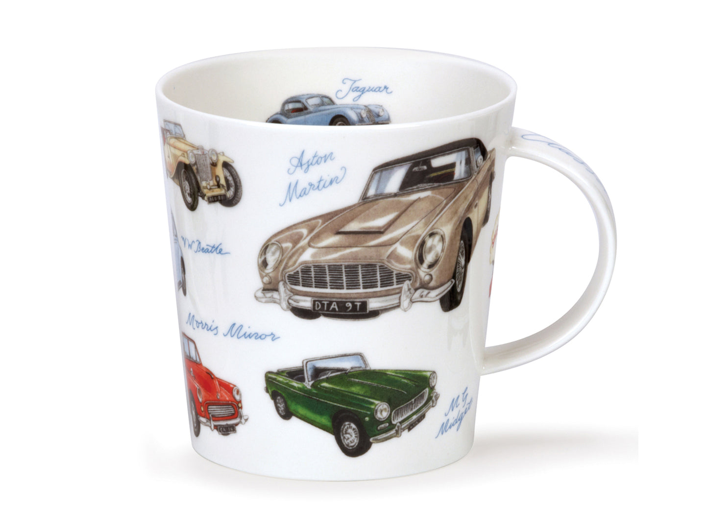 This Dunoon Cairngorm Classic Collection Cars mug is made from fine bone china and depicts all manner of retro cars around its exterior, designed by artist Richard Pratis. Each car is labelled with its brand, and there are two smaller cars printed in the inner rim of the mug.