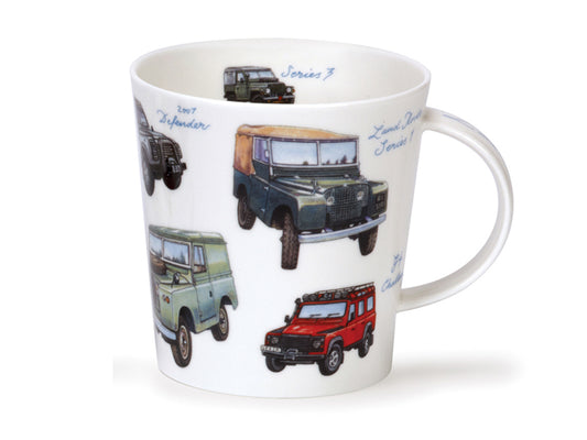 This Dunoon Cairngorm Classic Collection Range Rovers mug is made of fine bone china and depicts different brands of land rovers in darker greens, reds and blues, as well as labelling them with their brand title. There are two small land rovers printed around the inner rim of the mug opposite one another.
