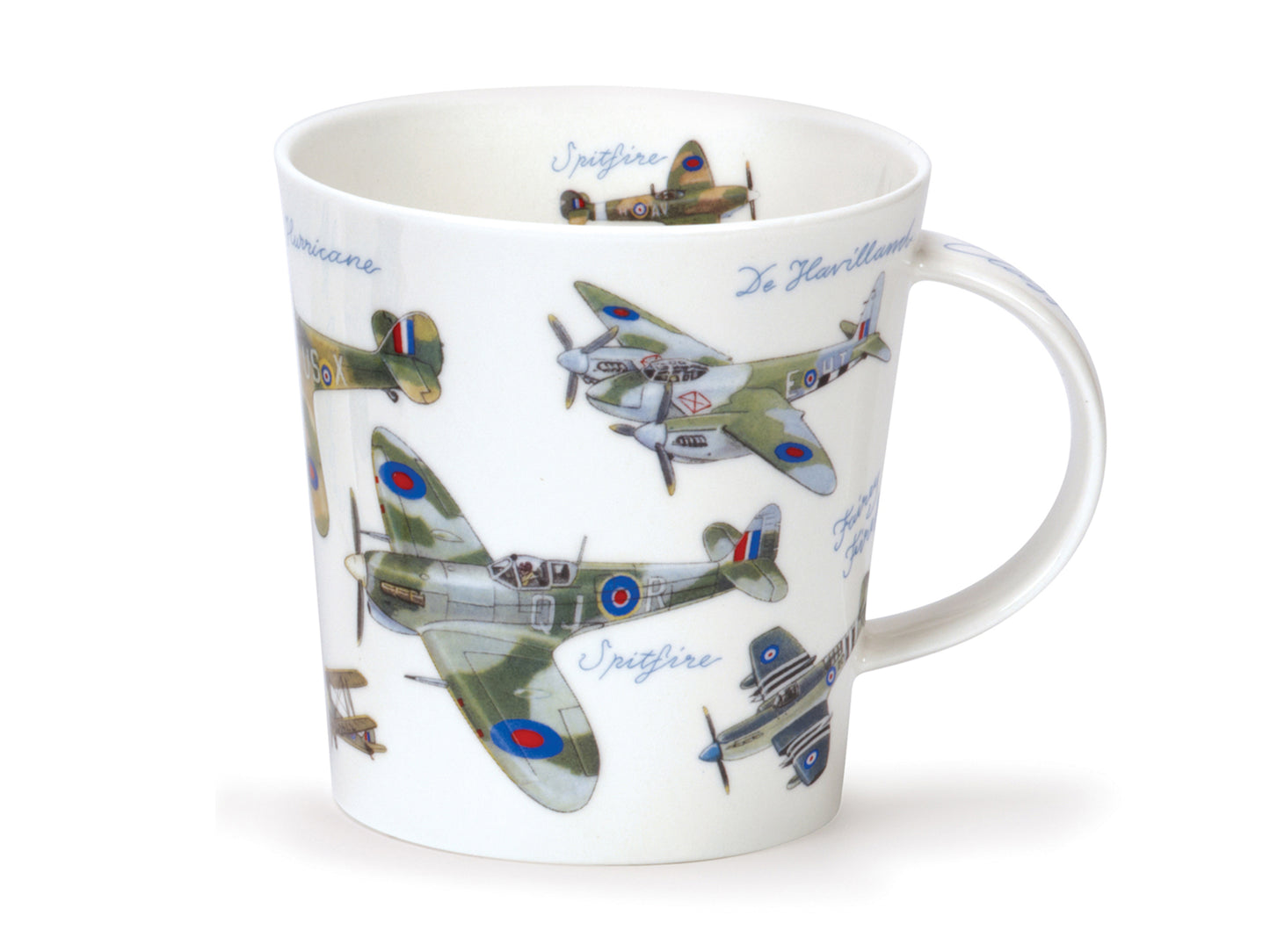 This Dunoon Cairngorm Classic Collection Planes mug is made of a fine bone china and depicts different types of airplanes around its exterior, along with their appropriate labels. There are also two planes printed opposite each other around the inner rim of the mug.
