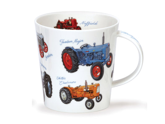 This Dunoon Cairngorm Classic Collection Tractor mug is made of a fine bone china and has been designed with varying types of tractors around its exterior along with their names. The tractors are depicted in varying colours of blue, green, orange and red, and there are two tractors printed around the inner rim of the mug.