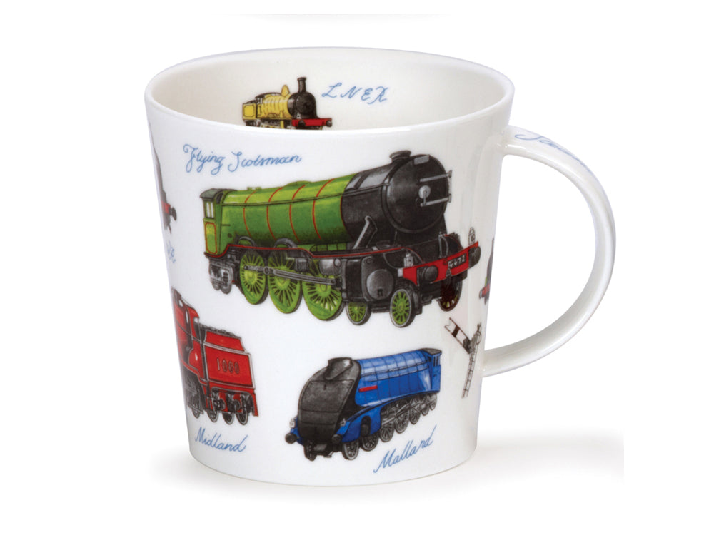 This Dunoon Cairngorm Classic Collection Trains mug is made of fine bone china and has a multicoloured design of retro trains printed all around its exterior. There are also trains printed around the inner rim of the mug.