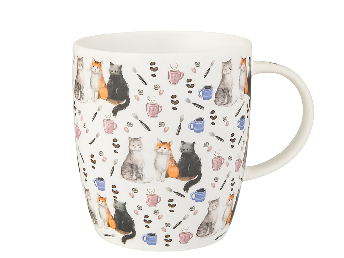 A white ceramic mug decorated with a repeating pattern of cats, coffee mugs, and coffee beans, shown against a plain white background.