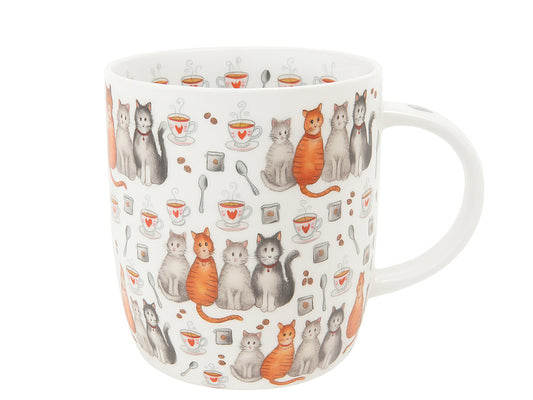 A white ceramic mug decorated with a repeating pattern of orange, gray, and white cats, teacups, spoons, and coffee beans, shown against a plain white background.