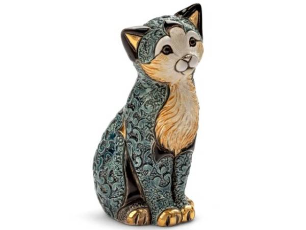 De Rosa Sitting porcelain cat in teal and orange finish