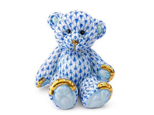 Herend Teddy Bear figurine in blue fishnet porcelain with hand-painted 24k gold accents.