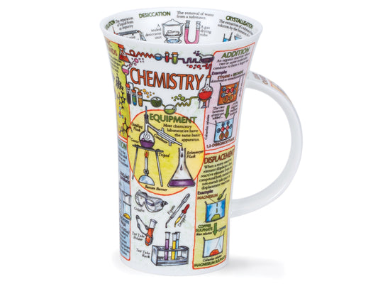 Dunoon Glencoe Chemistry Mug is a large fine bone china mug that has various diagrams of chemical procedures and equipment printed on its exterior, along with lots of facts and information on each of these procedures.