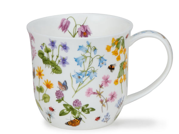 Dunoon Cumbrae Wild Flowers Harebell fine bone china mug with delicate wildflower illustrations and insects on a white background