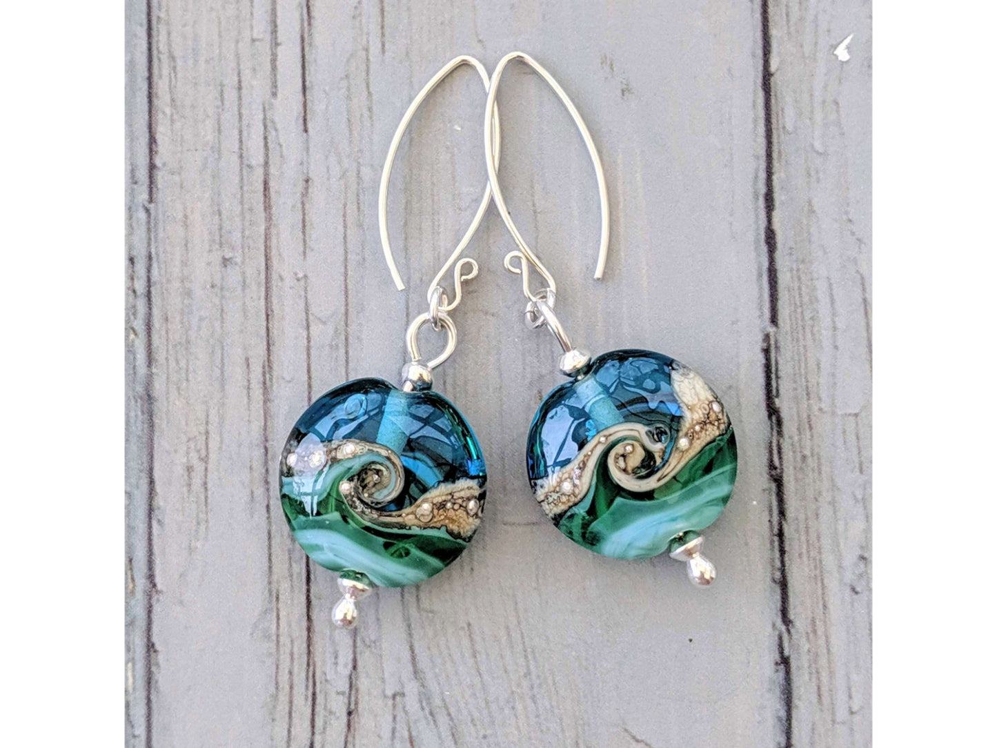 Beach Art Murano Glass Deep Blue Sea Lentil Drop Earrings