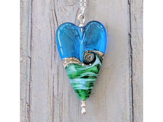 Beach Art Murano Glass Deep Blue Sea Heart Murano Pendant - Long