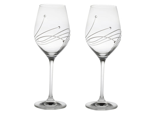 Pair of Large Royal Scot Crystal Diamante Wine Glasses are hand-crafted in Britain from the finest crystal and engraved with three sweeping swirl patterns around the main body of the glasses, each tipped with Swarovski Elements and both resting on a long, thin stem.