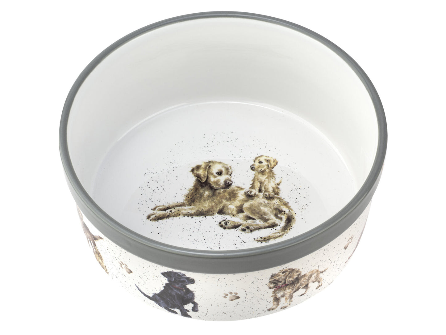 A large white porcelain dog bowl with a grey rim and a variety of watercolour dog designs on the outside