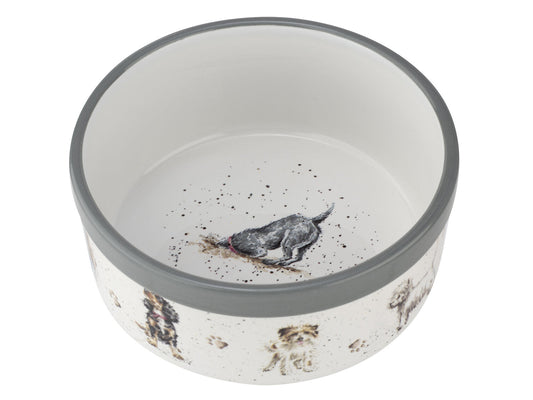 A white porcelain dog bowl with a grey edge and various dog illustrations around the outside
