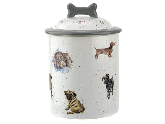 A white porcelain treat jar with a lid that has a grey bone-shaped handle on the top. The jar is decorated with various different dog breeds, illustrated in a watercolour style.