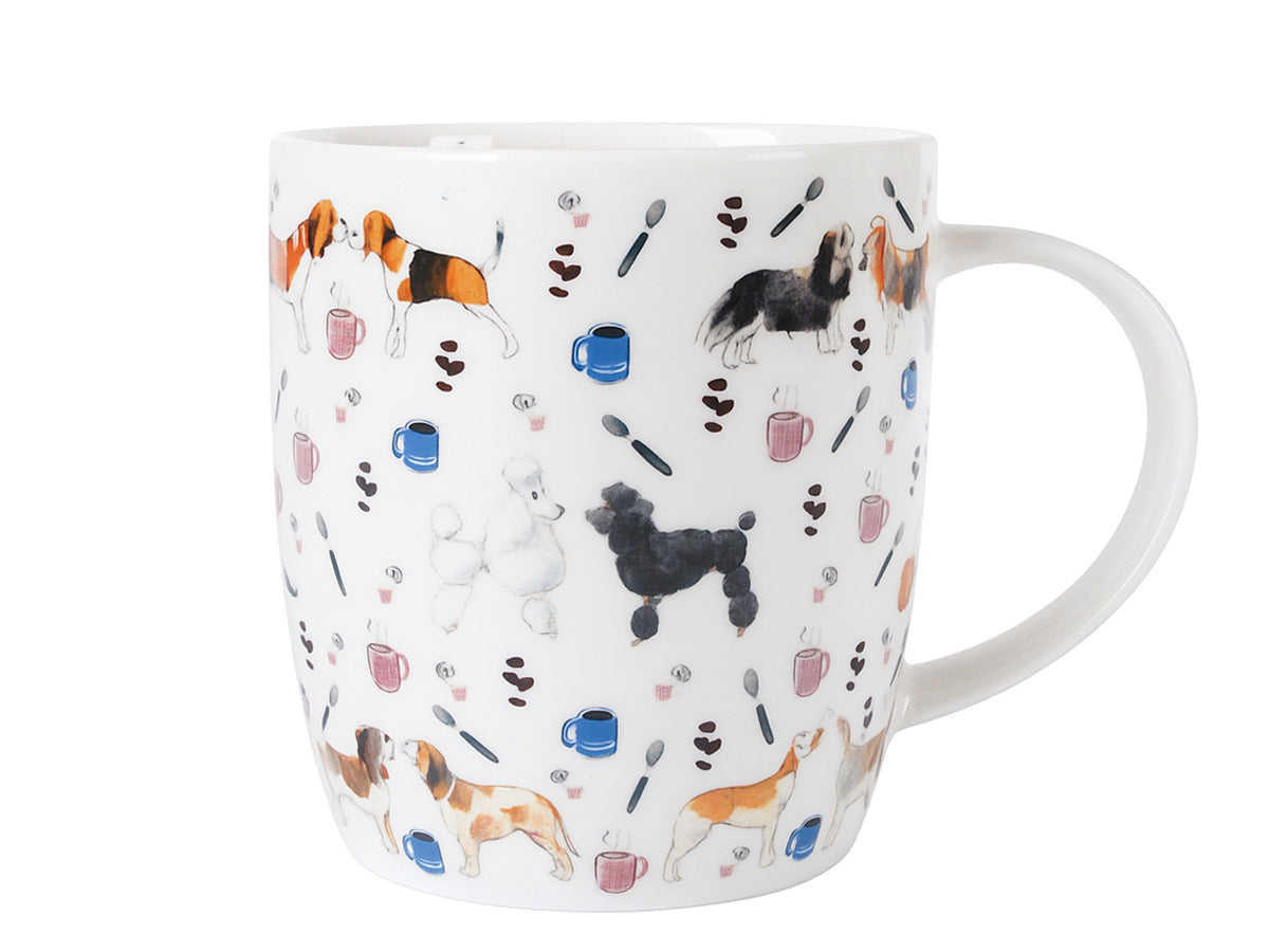 A white ceramic coffee mug decorated with a pattern of various dog breeds, coffee cups, spoons, and beans, shown on a plain white background.