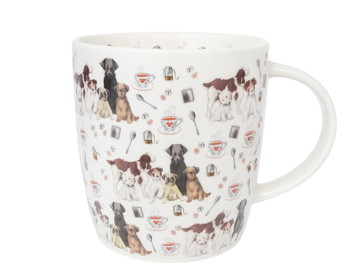 A white ceramic mug decorated with a repeating pattern of various dog breeds and small tea cup illustrations, shown against a plain white background.