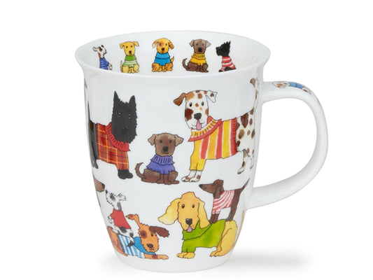 Dunoon Nevis Knitwits Dog mug featuring illustrated dogs in colourful jumpers on a white background