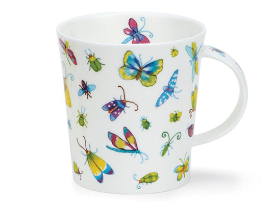 A white fine bone china mug adorned with watercolour-style illustrations of moths, butterflies, beetles and dragonflies. Vibrant shades of green, blue, yellow, and purple bring these intricate creatures to life. The insect motif extends to the handle, featuring delightful illustrations of various insects, while a charming pink and blue dragonfly peeks out from the inner rim of the mug.