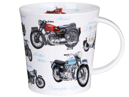 Dunoon Benmore Classic Bikes fine bone china mug featuring illustrated vintage motorcycles on a white background