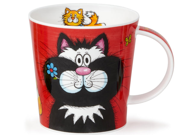 Dunoon Benmore Big Cats mug featuring a cartoon black and white cat on a red background