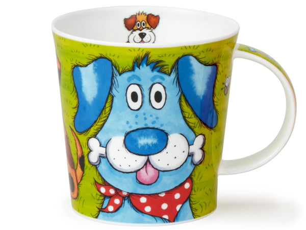 Dunoon Benmore Big Dogs mug featuring a cartoon blue dog with a bone on a green background