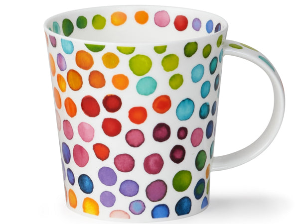 Dunoon Benmore Hot Spots mug featuring multicoloured watercolour spots on a white background