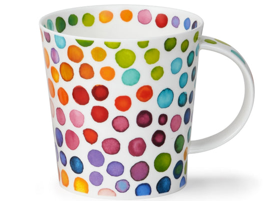 Dunoon Benmore Hot Spots mug featuring multicoloured watercolour spots on a white background