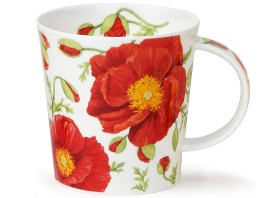 Dunoon Benmore Papaver mug featuring large red poppy flowers and buds on a white background