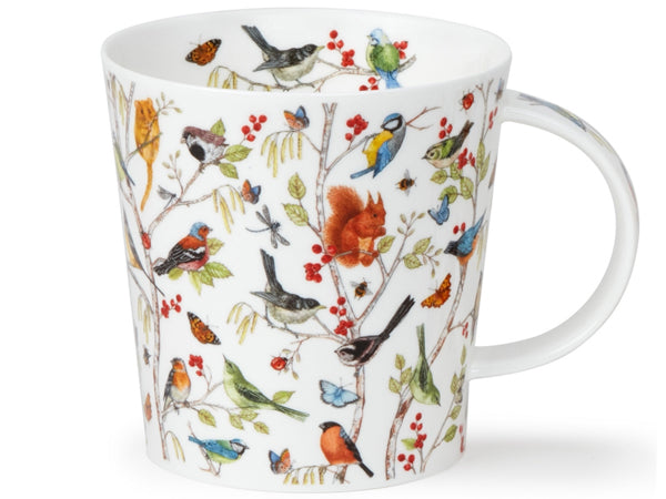 Dunoon Benmore Secret Wood mug featuring illustrated woodland birds, berries, butterflies and branches on a white background
