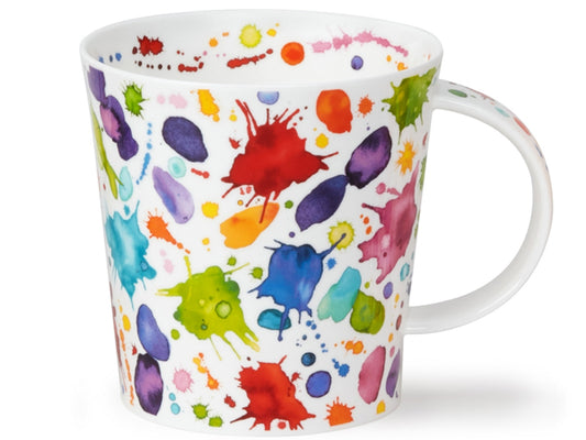 Dunoon Benmore Whoops Multi mug featuring colourful paint splashes and multicoloured abstract spots on a white background