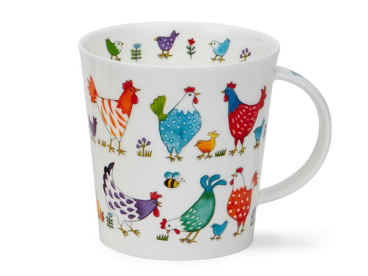 Dunoon Bright Bunch Chickens fine bone china mug adds comedy and vibrant colours to your daily beverage routine. Made in the UK, this mug showcases an assortment of brightly coloured chicks and chickens, adorned with various patterns, surrounded by flowers and buzzing bees