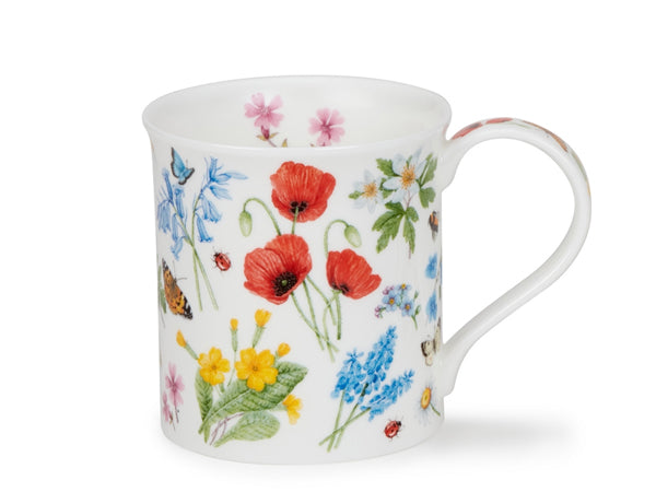 Dunoon Bute Poppy mug featuring red poppies, wildflowers and small insects on a white background