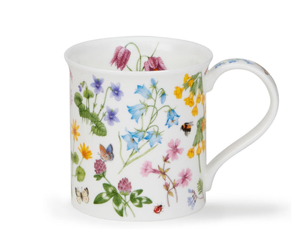 Dunoon Bute Wildflowers Harebell mug featuring delicate wildflowers, butterflies and insects on a white background