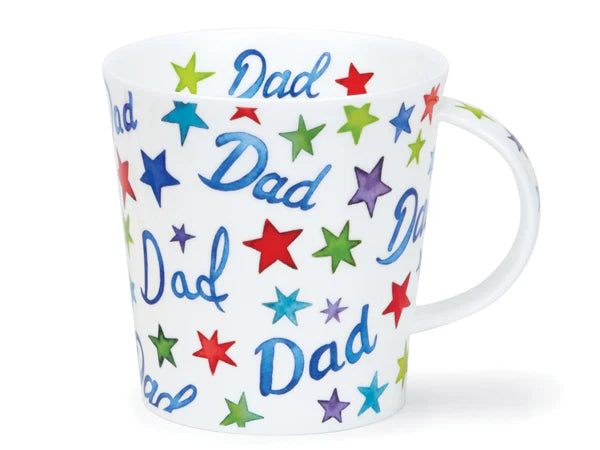 Dunoon Cairngorm Dad mug featuring colourful stars and blue Dad lettering on a white background