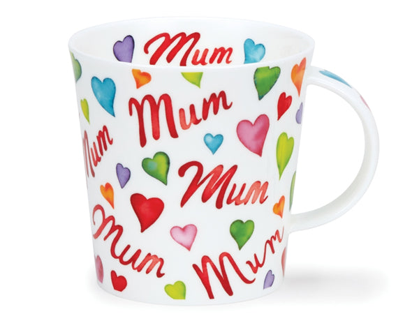 Dunoon Cairngorm Mum fine bone china mug with colourful watercolour hearts and red Mum lettering on a white background.