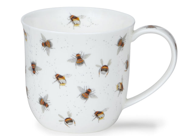 Dunoon Cumbrae Bees fine bone china mug with illustrated bees, white background and curved handle