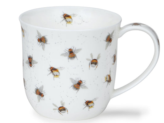 Dunoon Cumbrae Bees fine bone china mug with illustrated bees, white background and curved handle