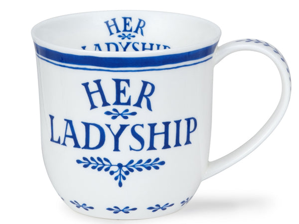 Dunoon Cumbrae Her Ladyship fine bone china mug in white with blue lettering and decorative border