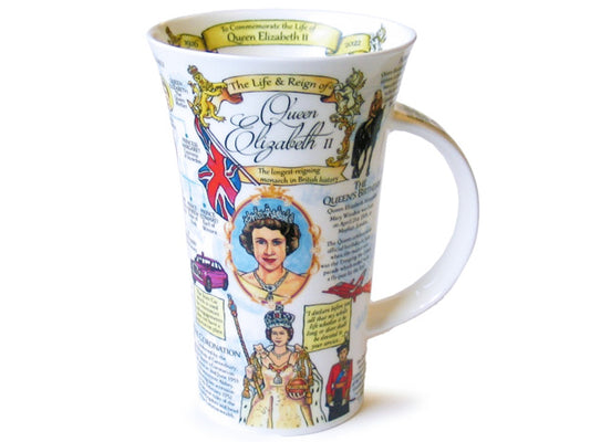 Commemorating the life and reign of Queen Elizabeth II, this large fine bone china mug showcases significant events and memories.