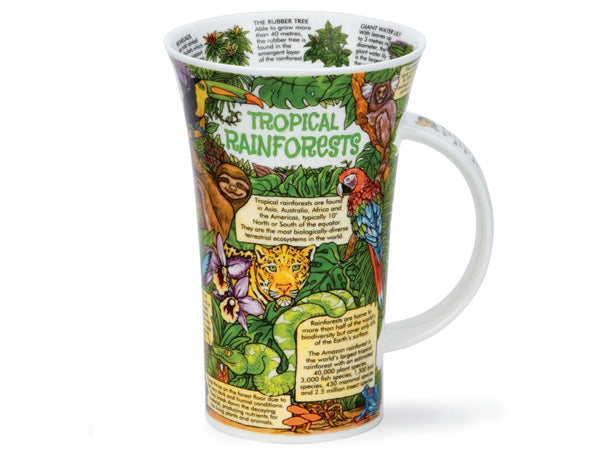 A large fine bone china mug, featuring illustrations and facts about tropical rainforests in bright colours.