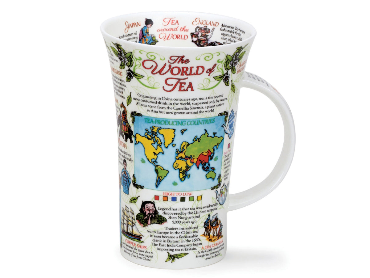Dunoon Glencoe World of Tea Mug is a large fine bone china mug that has the history of tea's discovery in Asia printed on its exterior, as well as the different types of tea and a diagram on how to make the perfect cuppa. This is accompanied by how tea has been made differently all around the world, which is printed in the inner rim of the mug.