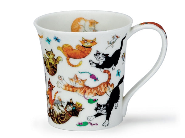 A small fine bone china mug with a fluted mug and colourful illustrations of various cats chasing mice against a white background.