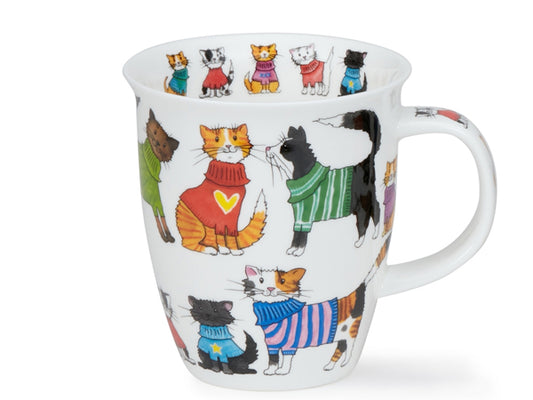 Dunoon Nevis Knitwits Cat mug featuring illustrated cats in colourful jumpers on a white background